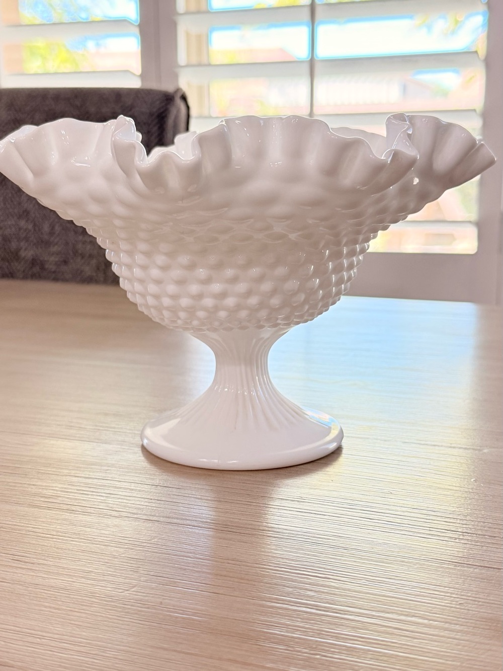 Westmoreland Vintage Milk Glass Hobnail Ruffled Edge Pedestal Compote Bowl